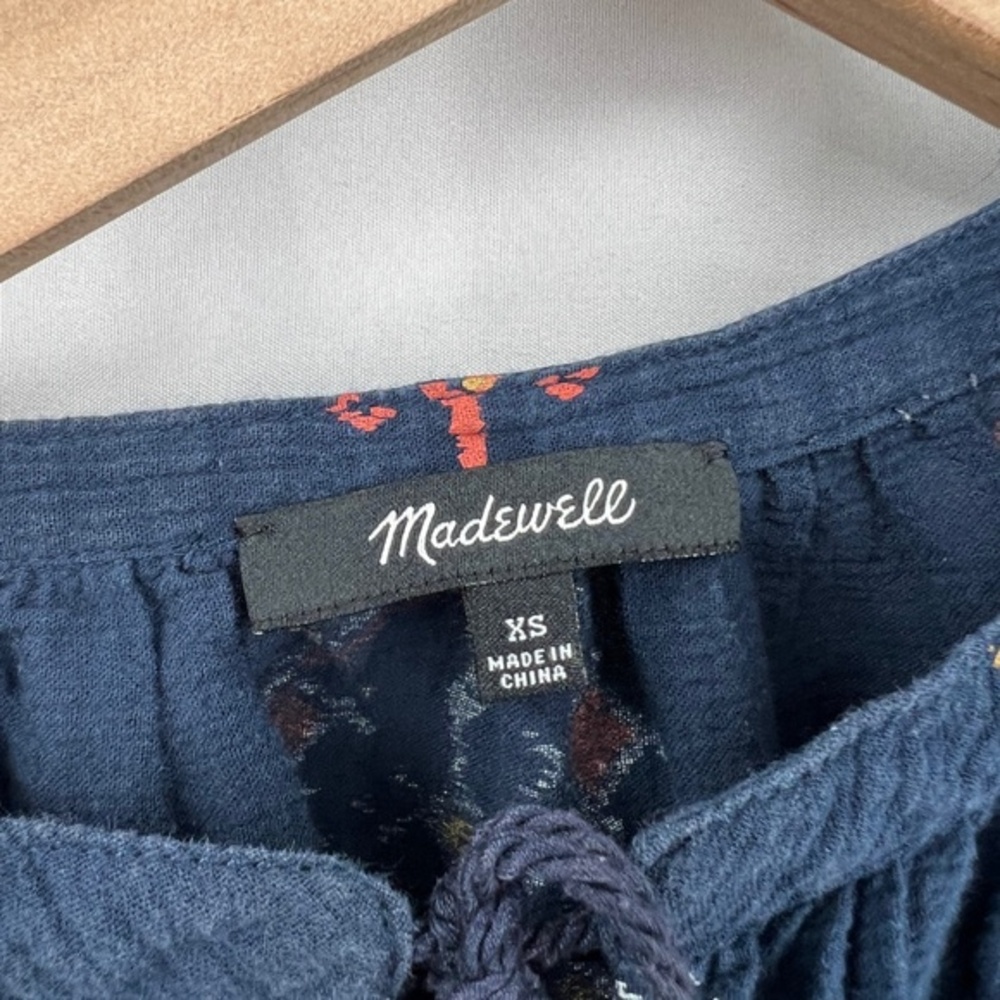 madewell folkstitch popover peasant blouse boho top navy blue southwestern‎ XS - Picture 8 of 9